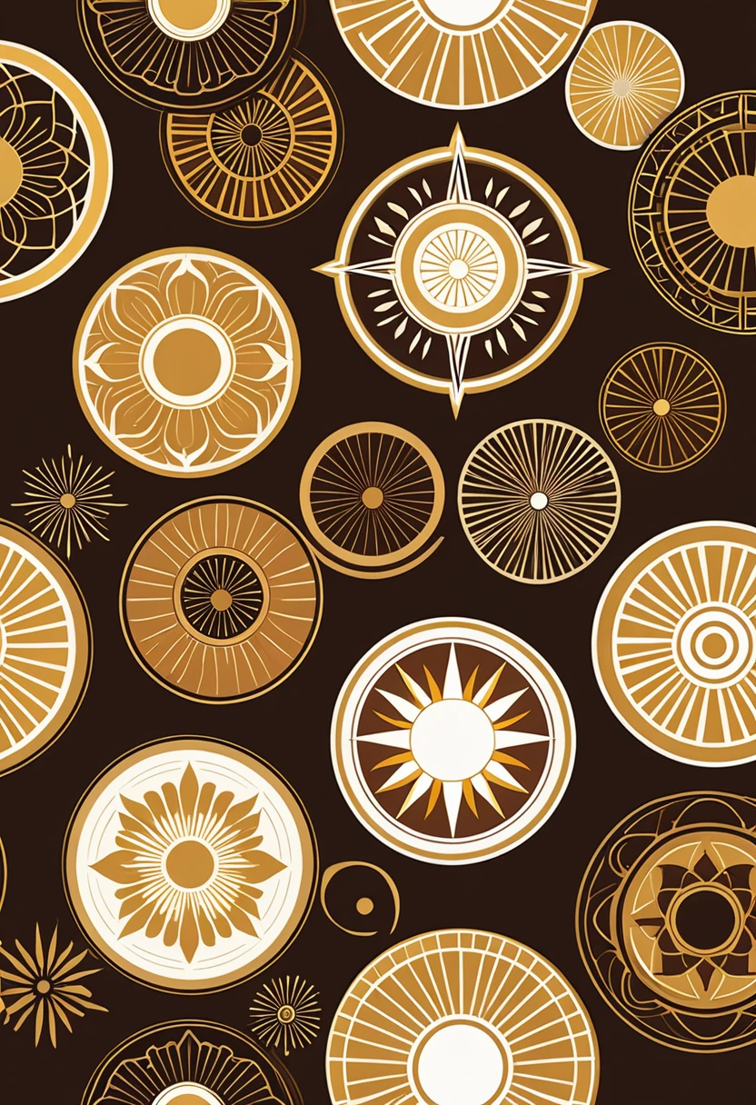intricate logo design, minimalist modern sleek design, abstract geometric shapes, clean lines, balanced composition, color palette of warm brown and gold tones, radiant sun or water element, smooth seamless repeating pattern, high quality digital illustration, professional branding design