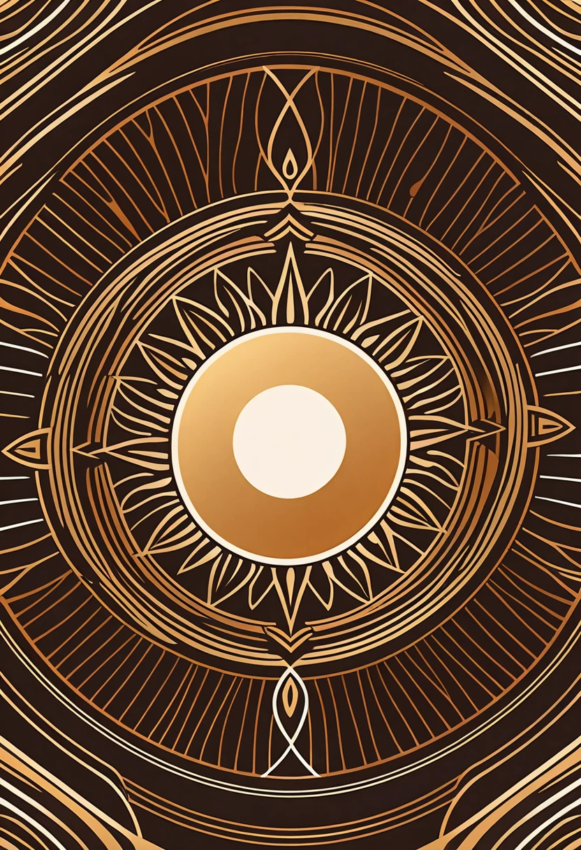 intricate logo design, minimalist modern sleek design, abstract geometric shapes, clean lines, balanced composition, color palette of warm brown and gold tones, radiant sun or water element, smooth seamless repeating pattern, high quality digital illustration, professional branding design