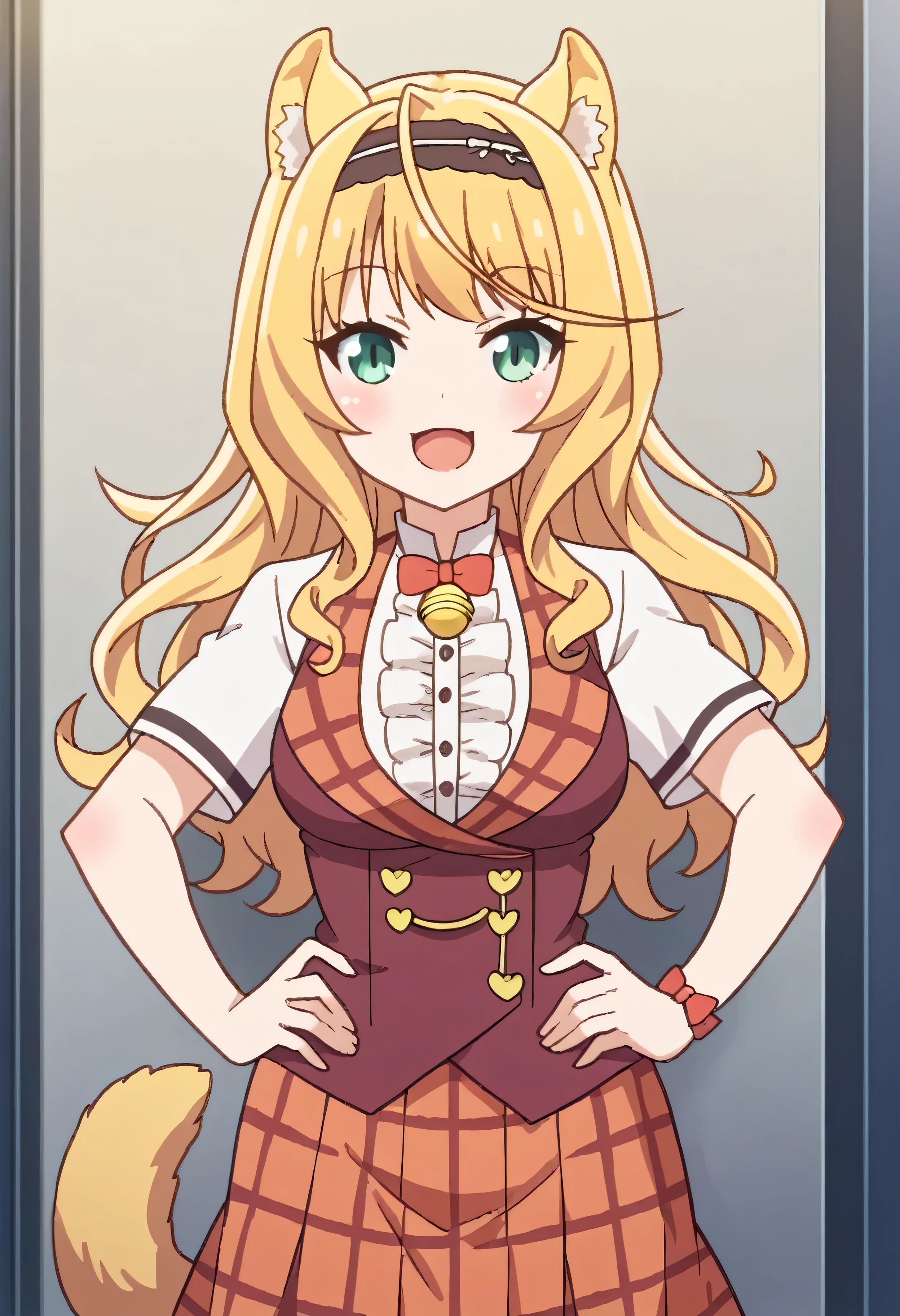 1girl, solo, long hair, looking at viewer, blush, smile, open mouth, skirt, blonde hair, bow, animal ears, green eyes, tail, short sleeves, pleated skirt, hairband, frills, food, bowtie, vest, red bow, cat tail, hand on hip, plaid, bell, plaid skirt, jingle bell, curly hair, center frills, ;3