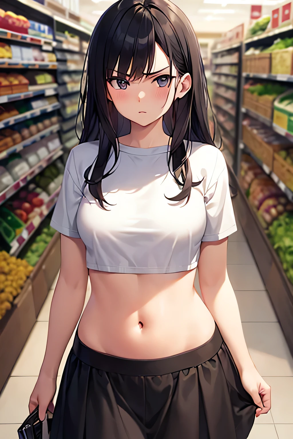 super fine illustration, vibrant colors, masterpiece, sharp focus, best quality, depth of field, cinematic lighting, ultra detailed, short sleeves, cropped t shirt, frilled skirt, navel, belly button, tummy, wide hips, 1 woman, solo, milf, very messy hair, long hair, slender, blush, annoyed, mature female, tall woman, looking down, v-shaped eyebrows, small breasts, black hair, grocery store, aisle, purse