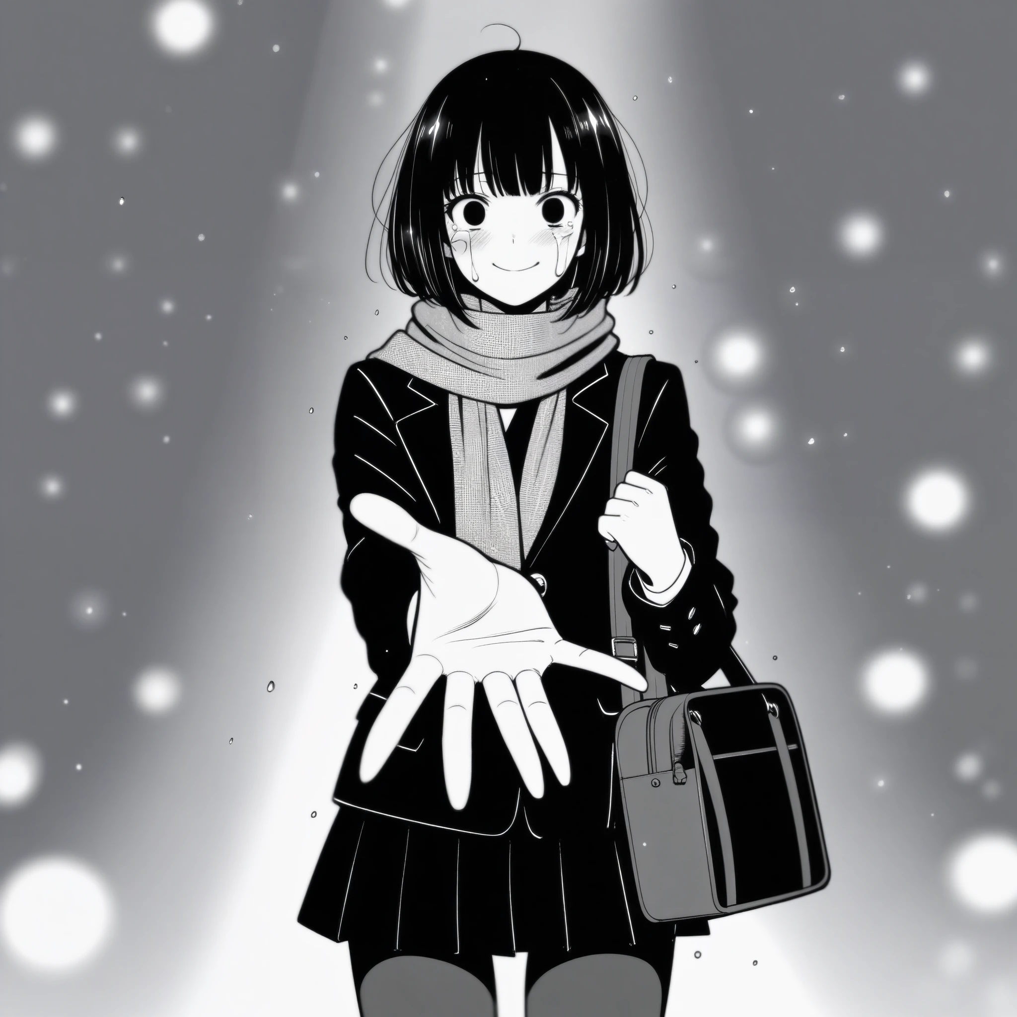 masterpiece, best quality, 1girl, mamerakkkkko, grayscale, manga style, japanese, chi no wadachi, black eyes, street, iced, black hair, schoolbag, smile, lineart, black coat, black scarf, black pleated skirt, leggins, centered, 30 years old:1.1, tall, fair skinned, bokeh background, crying, tears, tears streaming, bob cut, light particles, centered, snowing, (((reaching out left hand to viewer, perfect hand, detailed hand:1.1)), emotional anime scene
