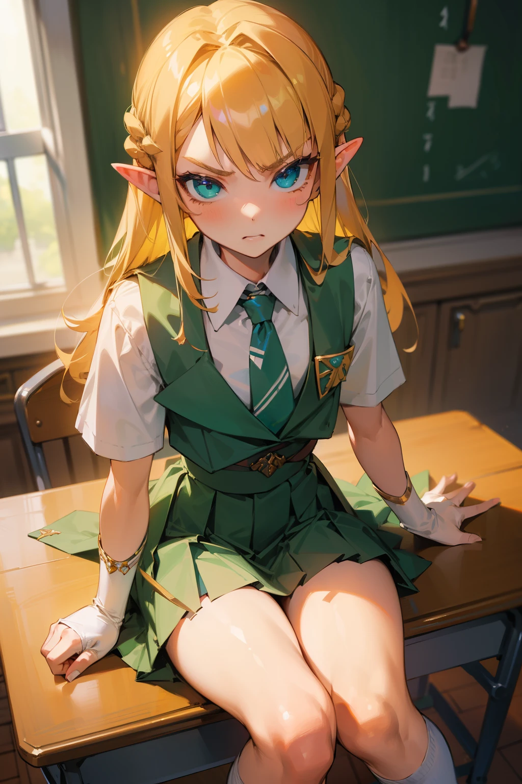 (masterpiece, high quality) 1 girl, Princess zelda, blonde, sitted on a school desk, pleated skirt, white blouse, green tie, high socks, angry, detailed eyes, detailed skin