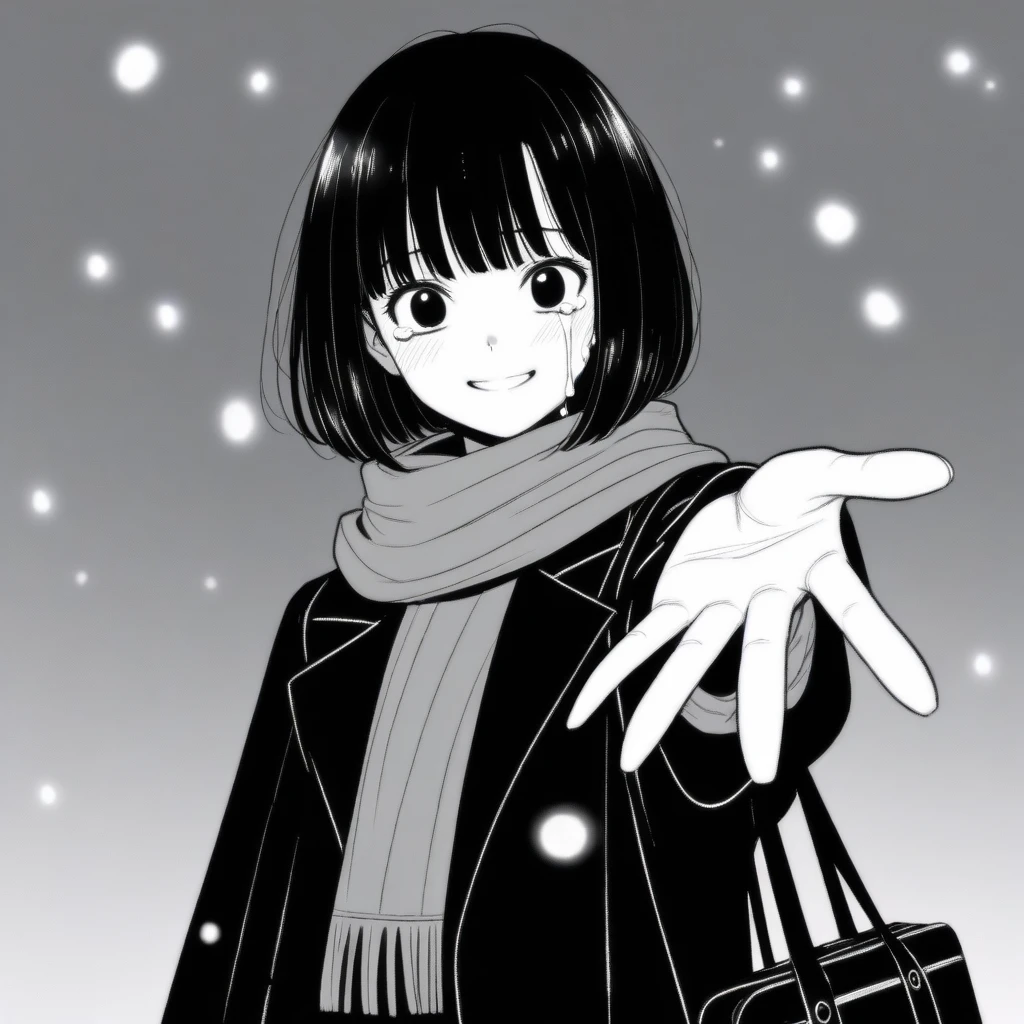masterpiece, best quality, 1girl, mamerakkkkko, grayscale, manga style, japanese, chi no wadachi, black eyes, street, iced, black hair, schoolbag, smile, lineart, black coat, black scarf, black pleated skirt, leggins, centered, 30 years old:2, tall, fair skinned, bokeh background, crying, tears, tears streaming, bob cut, light particles, centered, snowing, (((reaching out left hand to viewer, perfect hand, detailed hand:1.1)), emotional anime scene