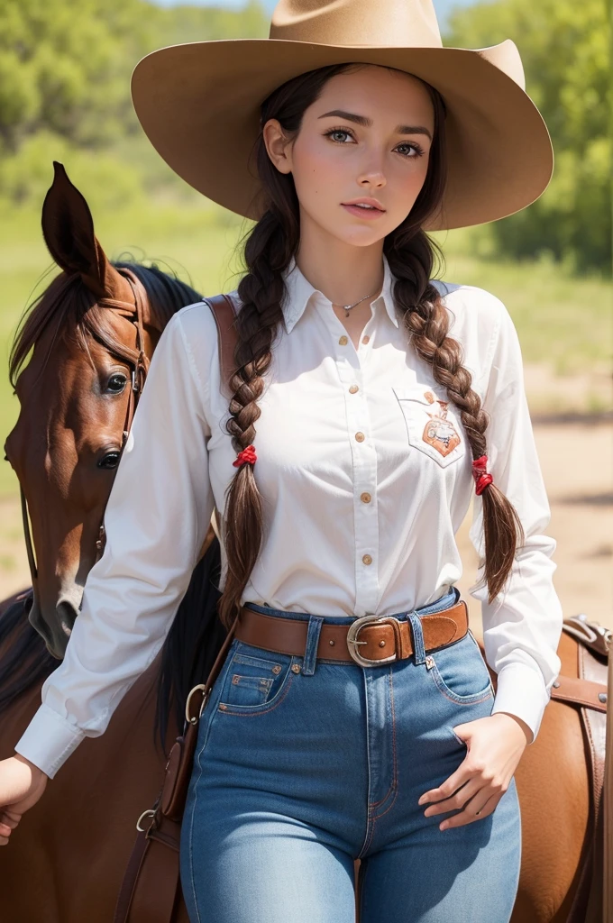 Cowgirl ClaraInspiration: Inspired by JessieDescription: An energetic and fearless cowgirl, with brown hair in braids and a red cowboy hat. She wears a white shirt with red details and blue jeans.. Clara has a faithful toy horse named "Dusty".Personalidade: adventurous, courageous, and always ready to help your friends.