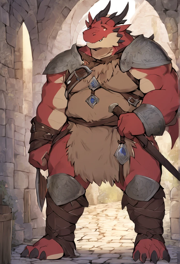 Red, Dragon, male, furry anime, thick, chubby,wearing Medieval adventure equipment, medieval times,anthro,doujin,yaoi,fantasy,isekai, adventure, barbarian 
