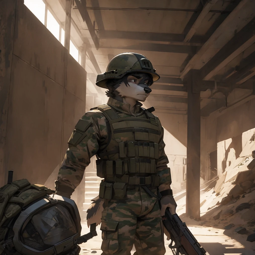 Male, males, Wolf, black fur, white fur, short hair, black hair, red heart stripes on his hair, 20 years old, tank, military helmet, armored military uniform, dramatic effect, dramatic light, shadow, shade, higlight, high quality, high details, High detailed image, high quality image, Very detailed shadows, high detail shadows, battlefield, guns