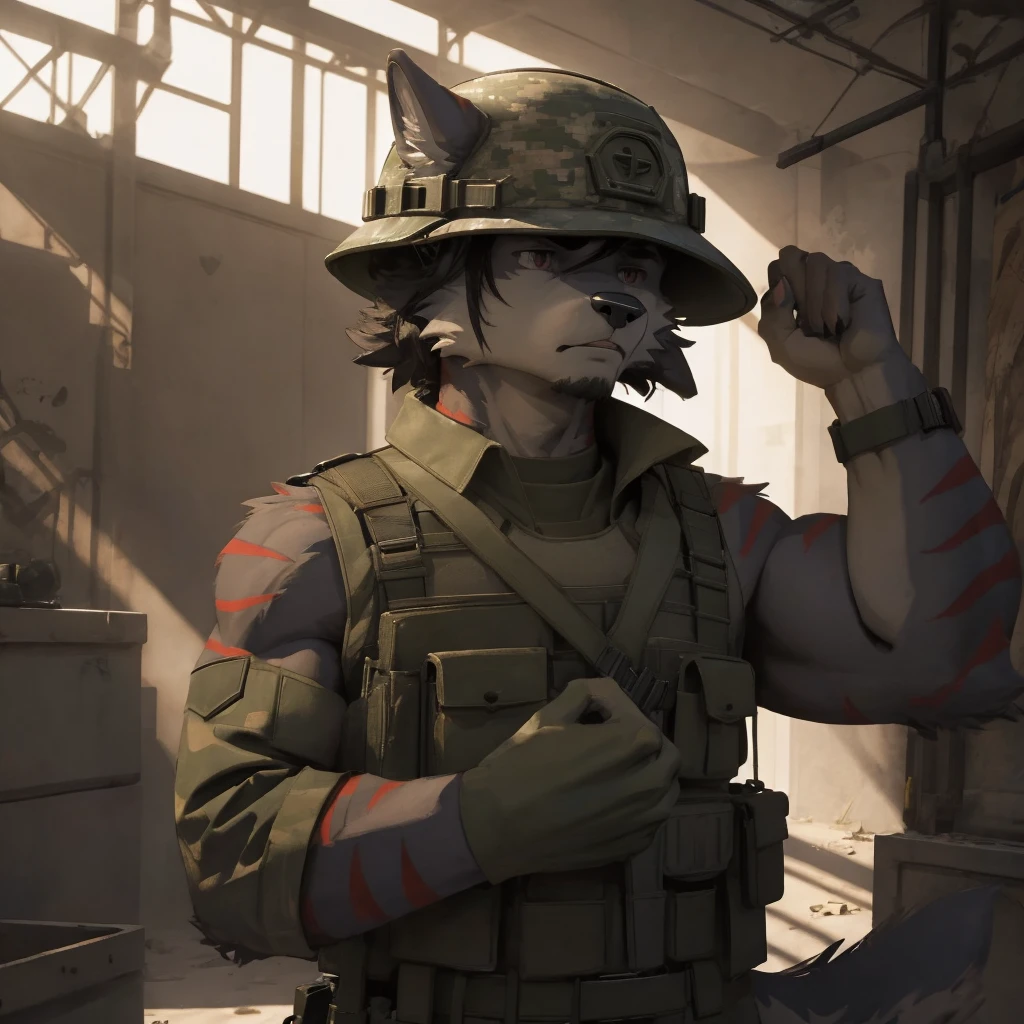 Male, males, Wolf, black fur, white fur, short hair, black hair, red heart stripes on his hair, 20 years old, tank, military helmet, armored military uniform, dramatic effect, dramatic light, shadow, shade, higlight, high quality, high details, High detailed image, high quality image, Very detailed shadows, high detail shadows, battlefield, guns