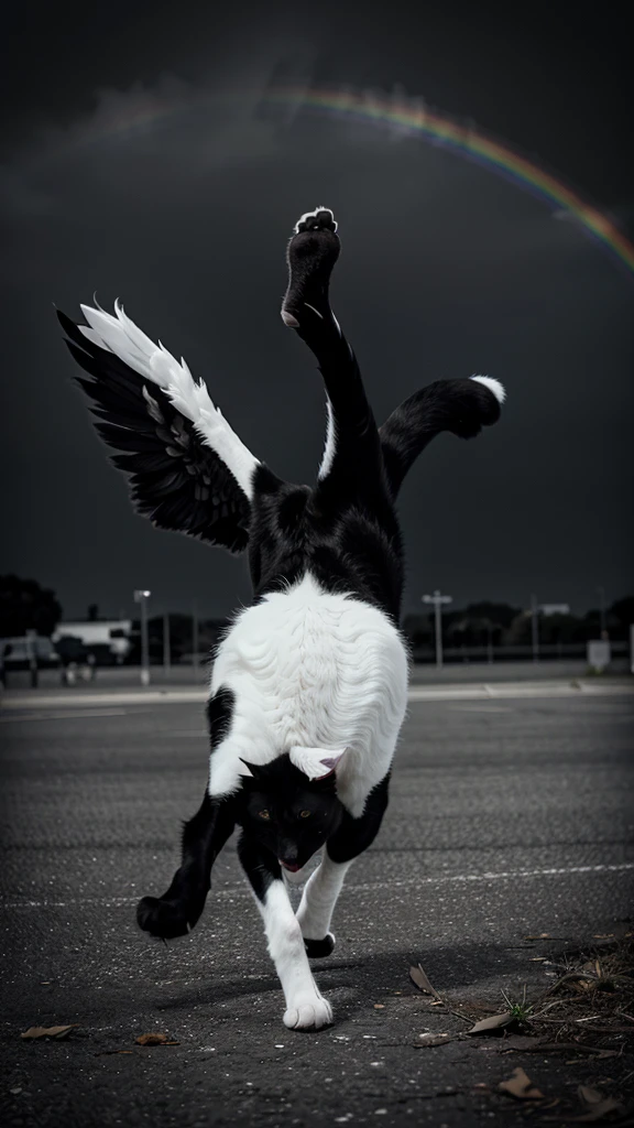 A black and white cat with wings running over the rainbow