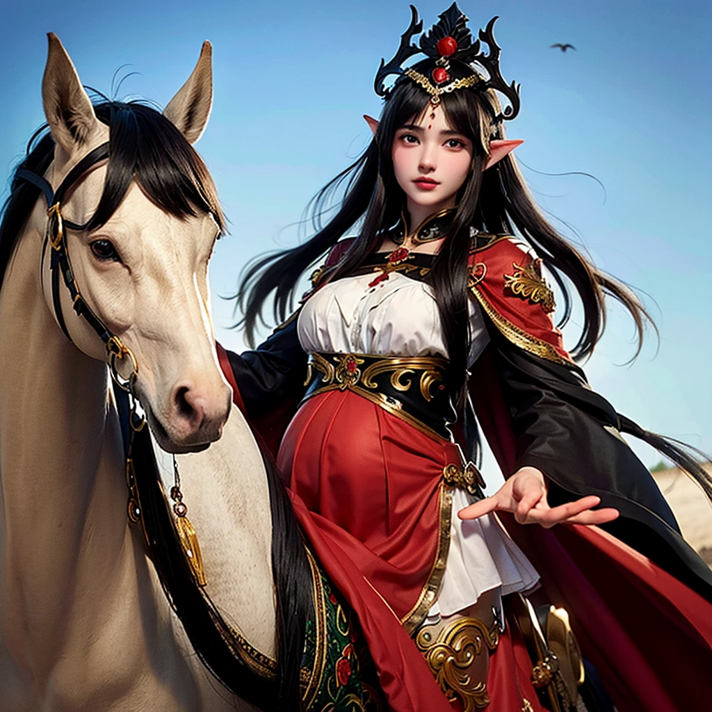 A pregnant woman riding a brown horse, wearing a black cloak with red embroidery, only her lips are visible from under the cloak, next to her is an elf man wearing a black cloak with gold embroidery, wearing a thin crown on his head, riding a black horse, the goblin army They follow him on wolves, and people watch
