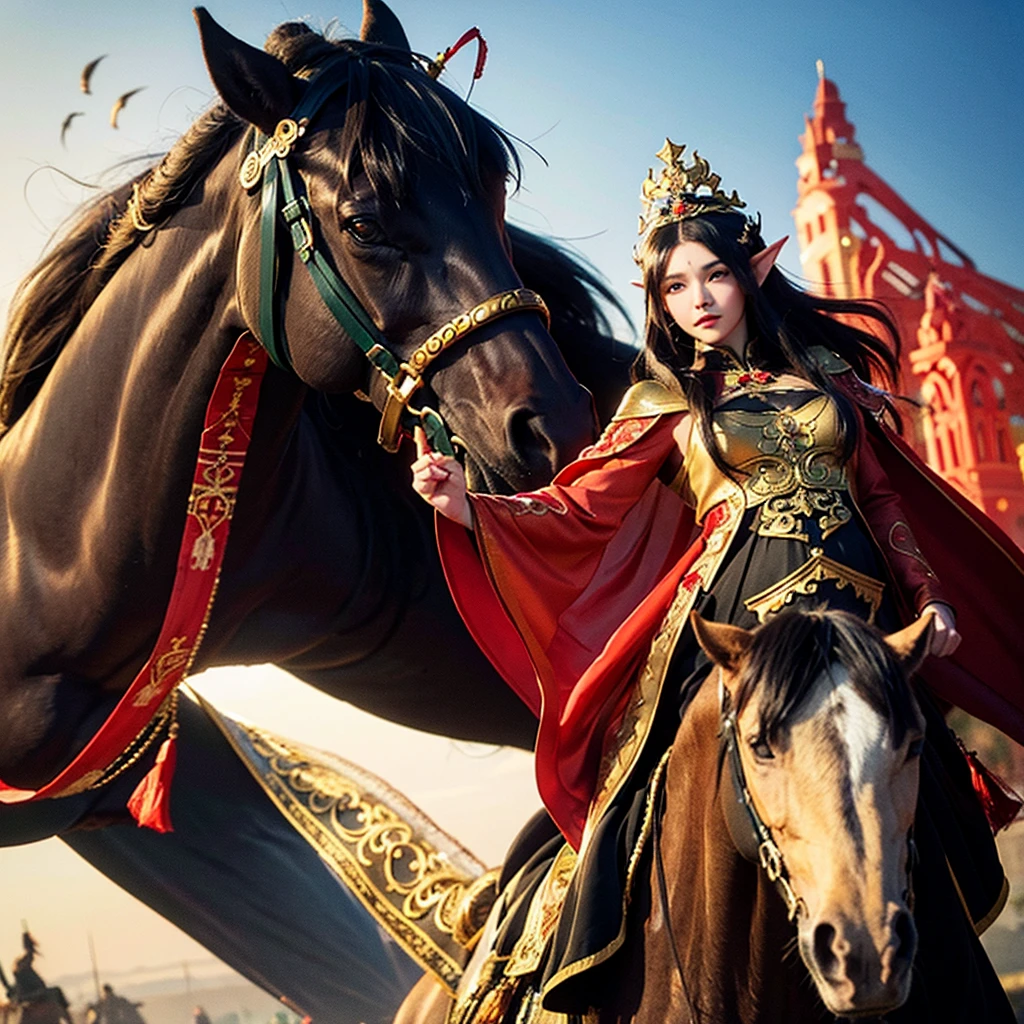 A pregnant woman riding a brown horse, wearing a black cloak with red embroidery, only her lips are visible from under the cloak, next to her is an elf man wearing a black cloak with gold embroidery, wearing a thin crown on his head, riding a black horse, the goblin army They follow him on wolves, and people watch