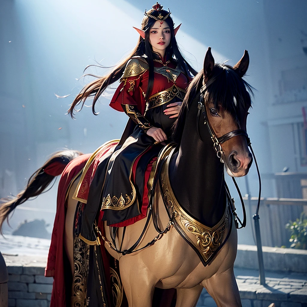 A pregnant woman riding a brown horse, wearing a black cloak with red embroidery, only her lips are visible from under the cloak, next to her is an elf man wearing a black cloak with gold embroidery, wearing a thin crown on his head, riding a black horse, the goblin army They follow him on wolves, and people watch