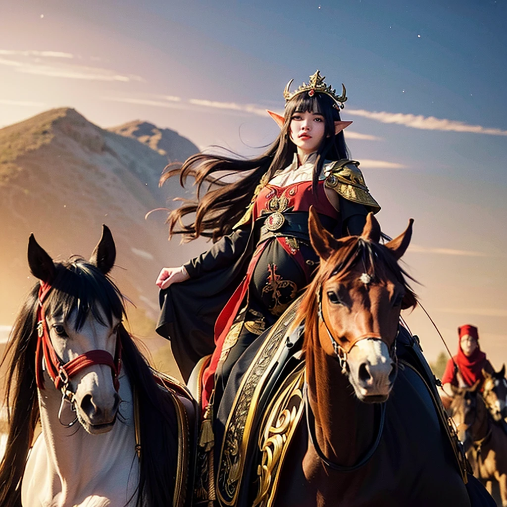 A pregnant woman riding a brown horse, wearing a black cloak with red embroidery, only her lips are visible from under the cloak, next to her is an elf man wearing a black cloak with gold embroidery, wearing a thin crown on his head, riding a black horse, the goblin army They follow him on wolves, and people watch