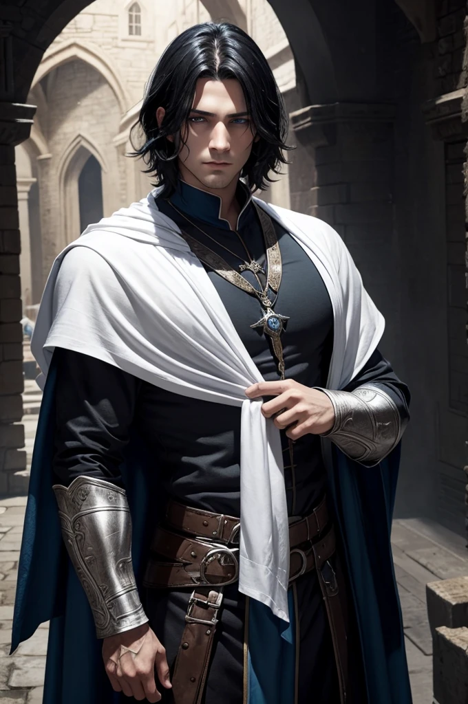 black hair, half-cutted, young, blue eyes, fantasy rpg, man, white cloth clothing, darkness, medieval fantasy, rpg