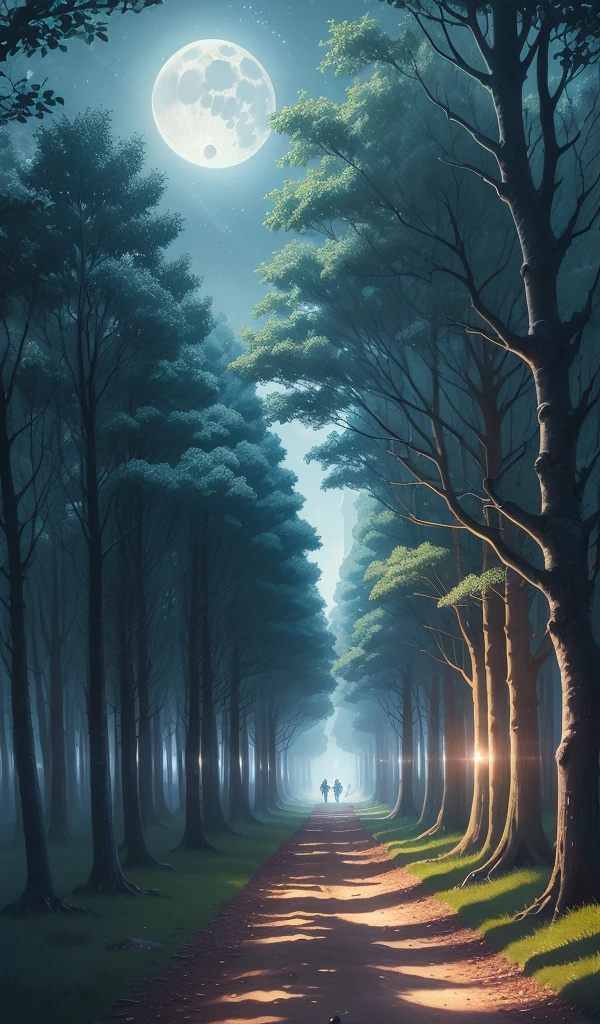 (anime, digital paint, children escaping the gingerbread house, running through the dark forest, scared but hopeful expressions, moonlight filtering through the trees, path illuminated by soft blue light, sense of urgency and relief)