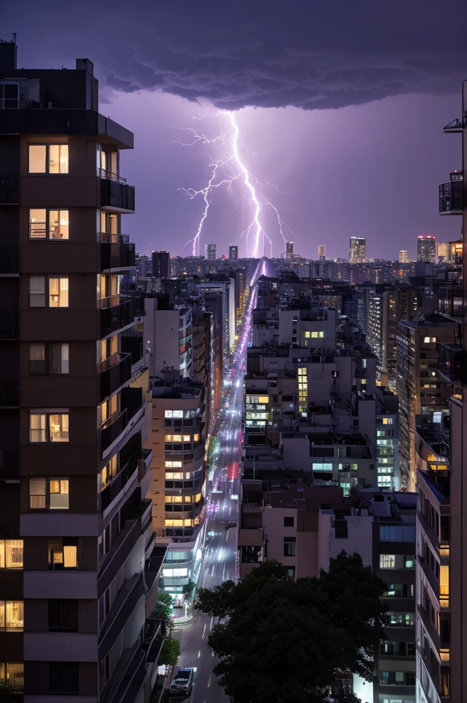 プロンプト: The view from an apartment window, the sky turning a menacing purple, streaked with flashes of lightning. High resolution, 9:16 aspect ratio, focus on the unsettling color change.