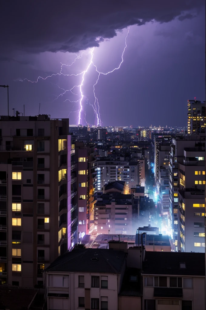 プロンプト: The view from an apartment window, the sky turning a menacing purple, streaked with flashes of lightning. High resolution, 9:16 aspect ratio, focus on the unsettling color change.