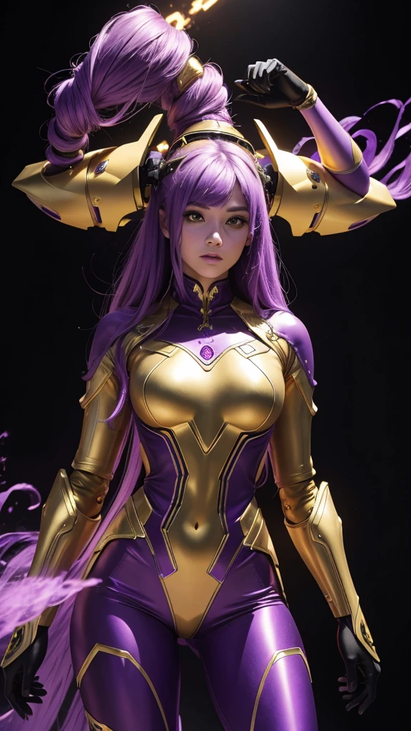 A beautiful lady with purple Alien skin, golden hair, , with a face full of Green and purple and gold cylindrical objects, a extraterrestrial robotic dress where there is a purple and yellow and red armor that rounding all the body, with purple and yellow back-top pants, realistic, studio photo, black background, With your arms up, full bodied, full view