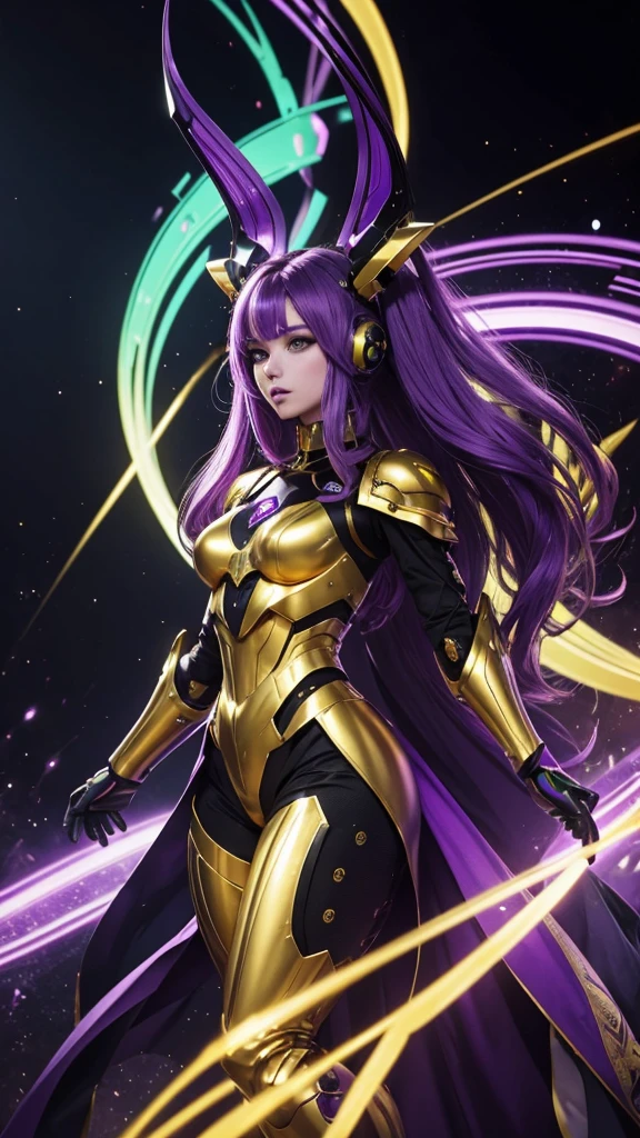 A beautiful lady with purple Alien skin, golden hair, , with a face full of Green and purple and gold cylindrical objects, a extraterrestrial robotic dress where there is a purple and yellow and red armor that rounding all the body, with purple and yellow back-top pants, realistic, studio photo, black background, With your arms up, full bodied, full view