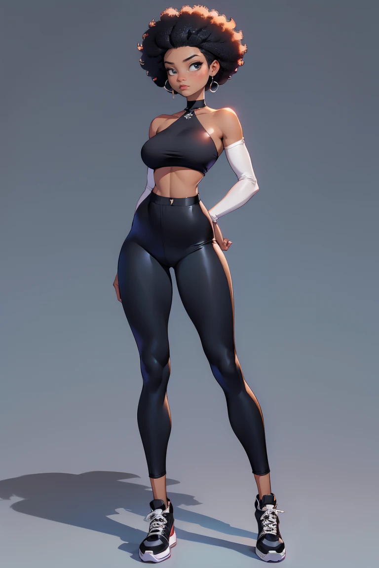 afro american girl, black skin, afro haircut, 1 girl, solo, (black pants) (tube top), sleveless, medium perky , black shoes, wide hips