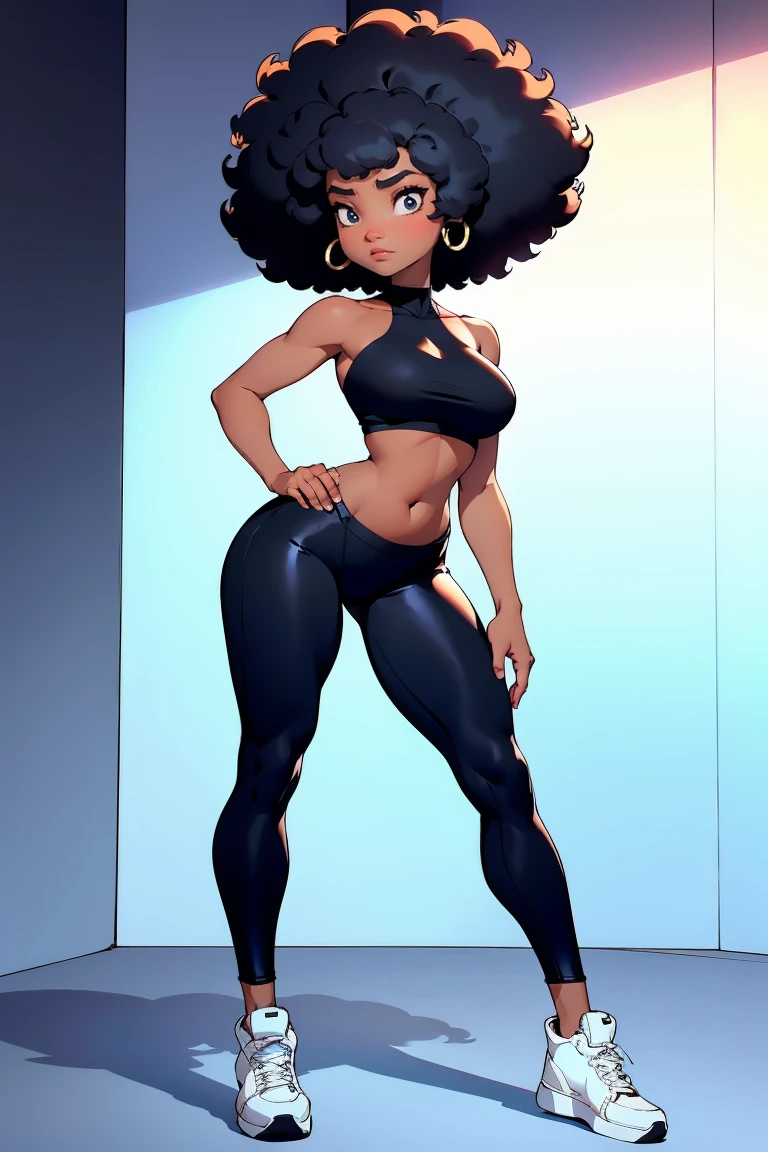 afro american girl, black skin, afro haircut, 1 girl, solo, (black pants) (tube top), sleveless, medium perky , black shoes, wide hips