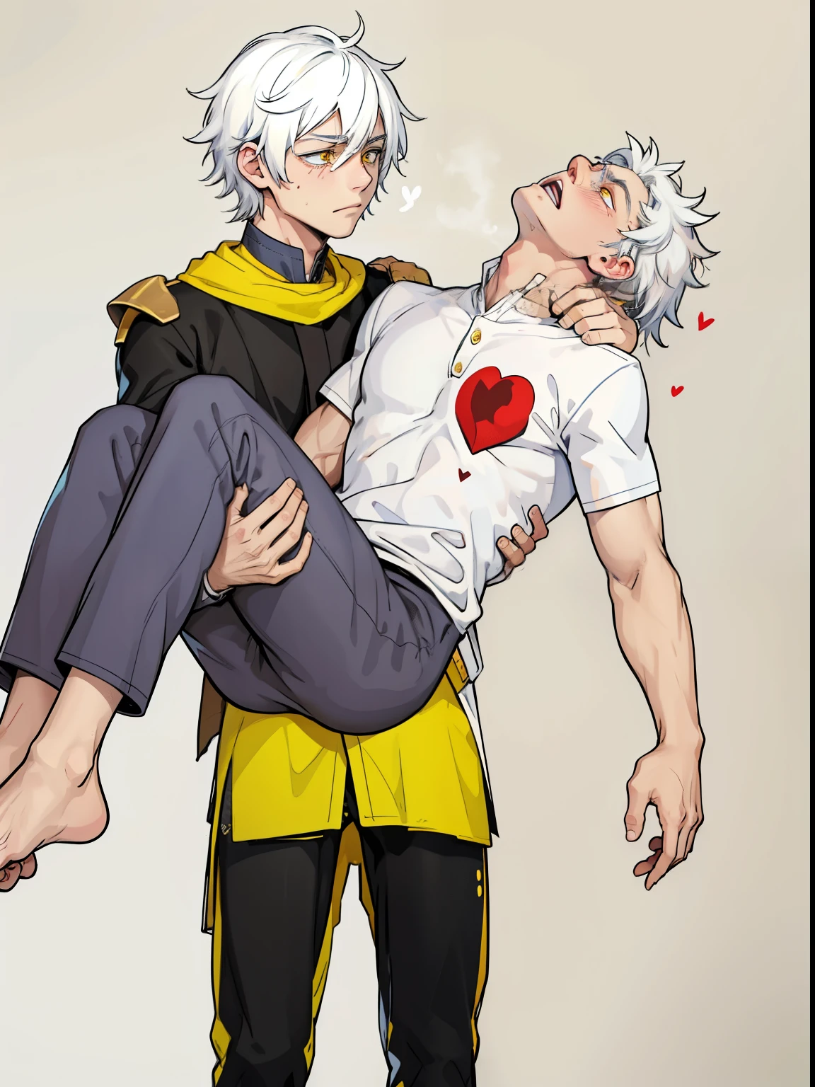 He has white hair, he has tears on his face, he is sad, he has yellow eyes, he is carrying the other boy in his arms, his eyes are closed because he is dead, his heart has been ripped out, he is dead, they are in a castle room.