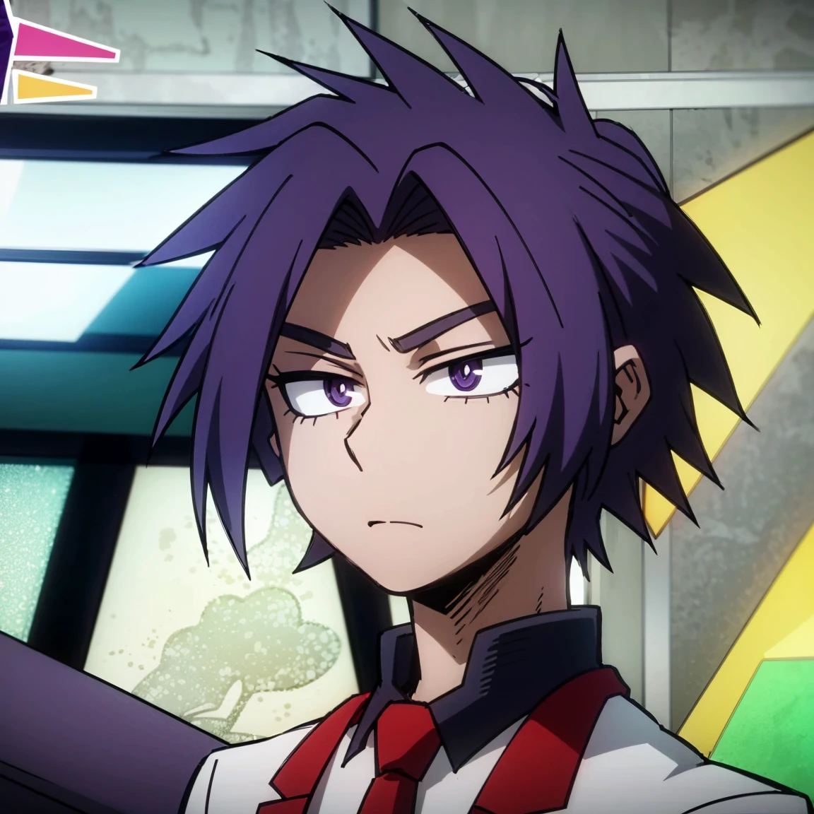 1boy, male focus, solo, muscular body, short hair, purple hair, amethyst eyes, gray jacket, red tie, white shirt, teal pants, mlparia, MHA Style, Manhwa style, anime style, perfect eyes, perfect face, model face, boy