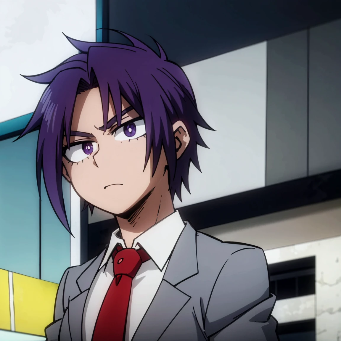 1boy, male focus, solo, muscular body, short hair, purple hair, amethyst eyes, gray jacket, red tie, white shirt, teal pants, mlparia, MHA Style, Manhwa style, anime style, perfect eyes, perfect face, model face, boy