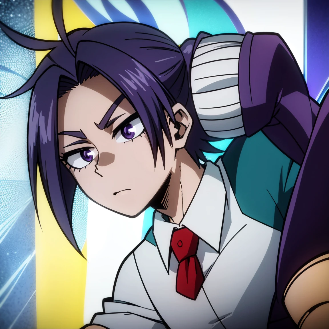 1boy, male focus, solo, muscular body, short hair, purple hair, amethyst eyes, gray jacket, red tie, white shirt, teal pants, mlparia, MHA Style, Manhwa style, anime style, perfect eyes, perfect face, model face, boy