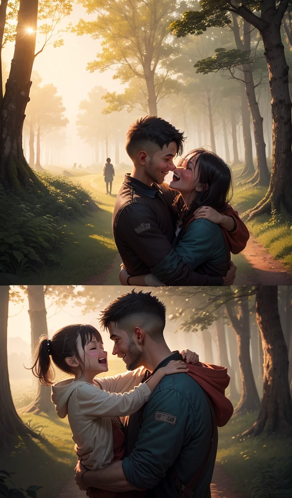 (anime, digital paint, children reuniting with their father at the edge of the forest, joyous and tearful reunion, warm and loving embrace, family home visible in the background, early morning light, sense of homecoming and love)