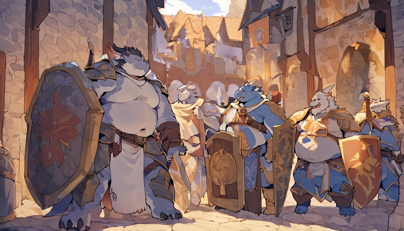 Dragon, male, furry anime,fat, chubby,paladin,wearing Medieval adventure equipment ,Topless ,A heavy greatsword on the back, heavy Shield, medieval times,anthro,doujin,yaoi,fantasy,isekai, adventure, by quanjiang 