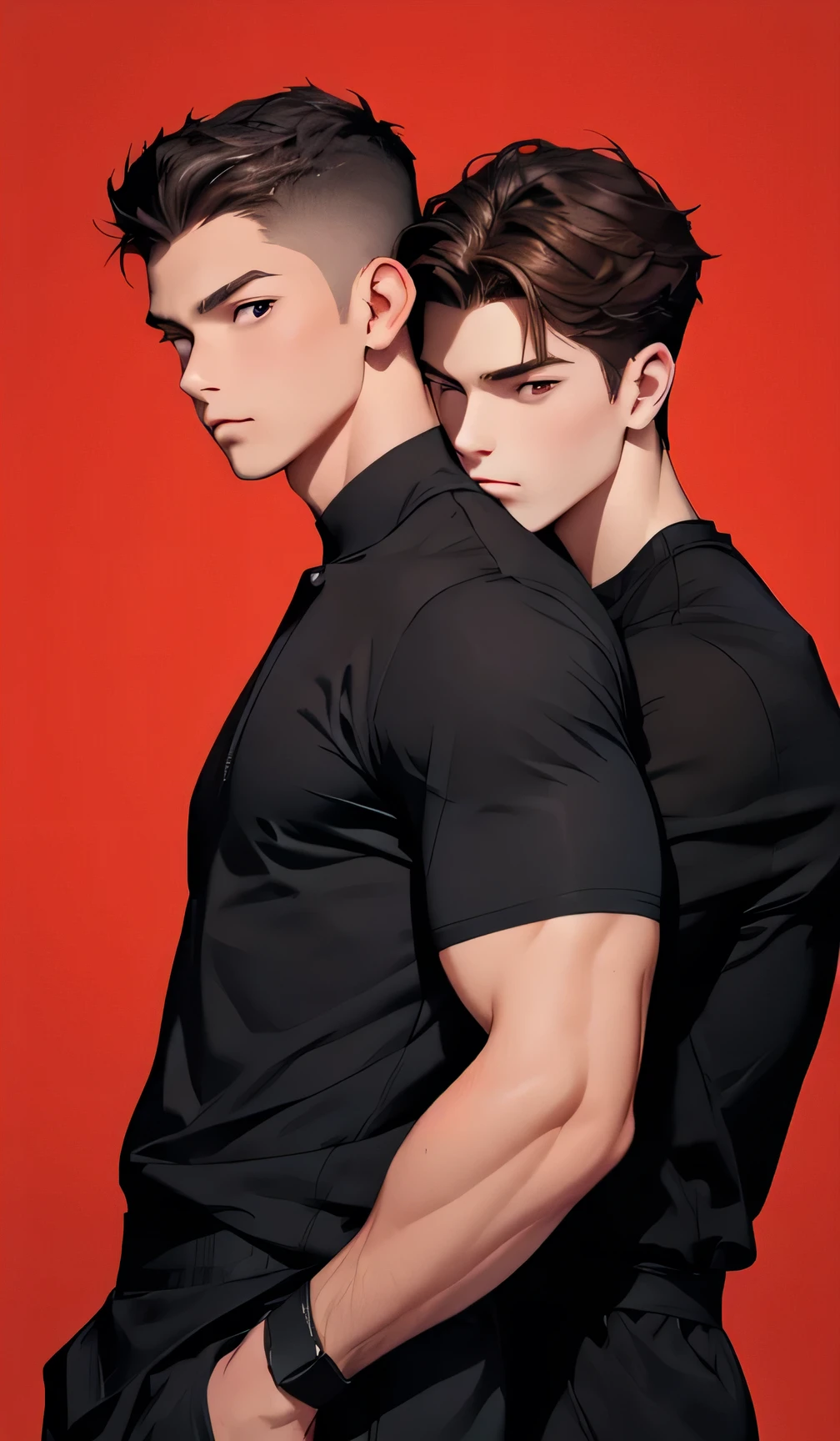 2hommes, mise au point du visage, 1 adulte costume cheveux noir peau clair yeux sombre grand muscle muscles , 1 ager 18 years old high brown hair very white skin brown eyes , Best quality, facial detail, red background detail, fond bokeh, deux jeunes hommes, a brown hair high school student, et l'autre cheveux noir garde du corps muscle, represents a forbidden relationship with two men,fond rouge,absurdes,chef-d'artwork,high resolution,Complex and detailed,a Sigma male,sexy,muscle,strutting en plein air,Des yeux magnifiques,detailed face,pluie battante,en plein air,Illumination globale,Diffusion souterraine, drinking a cigarette schoolboy