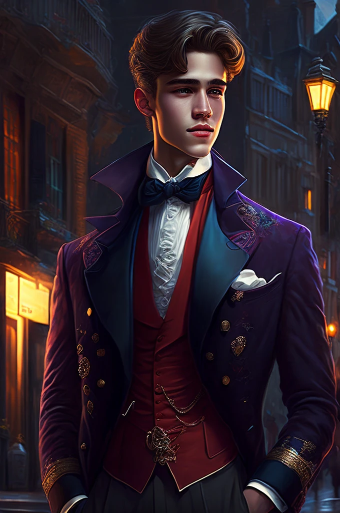 young guy, an aristocrat, full length, Street, night city, there&#39;s a dragon next to the guy, dark effect, gloomy effect, blood magic, burning eyes, Blue Energy Effects, volumetric light, flying blood, burning eyes.