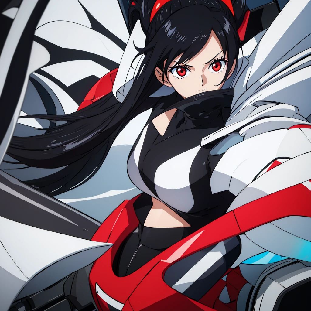 generic anime girl with black hair red eyes and black racing suit, clear background, character fitting in the image