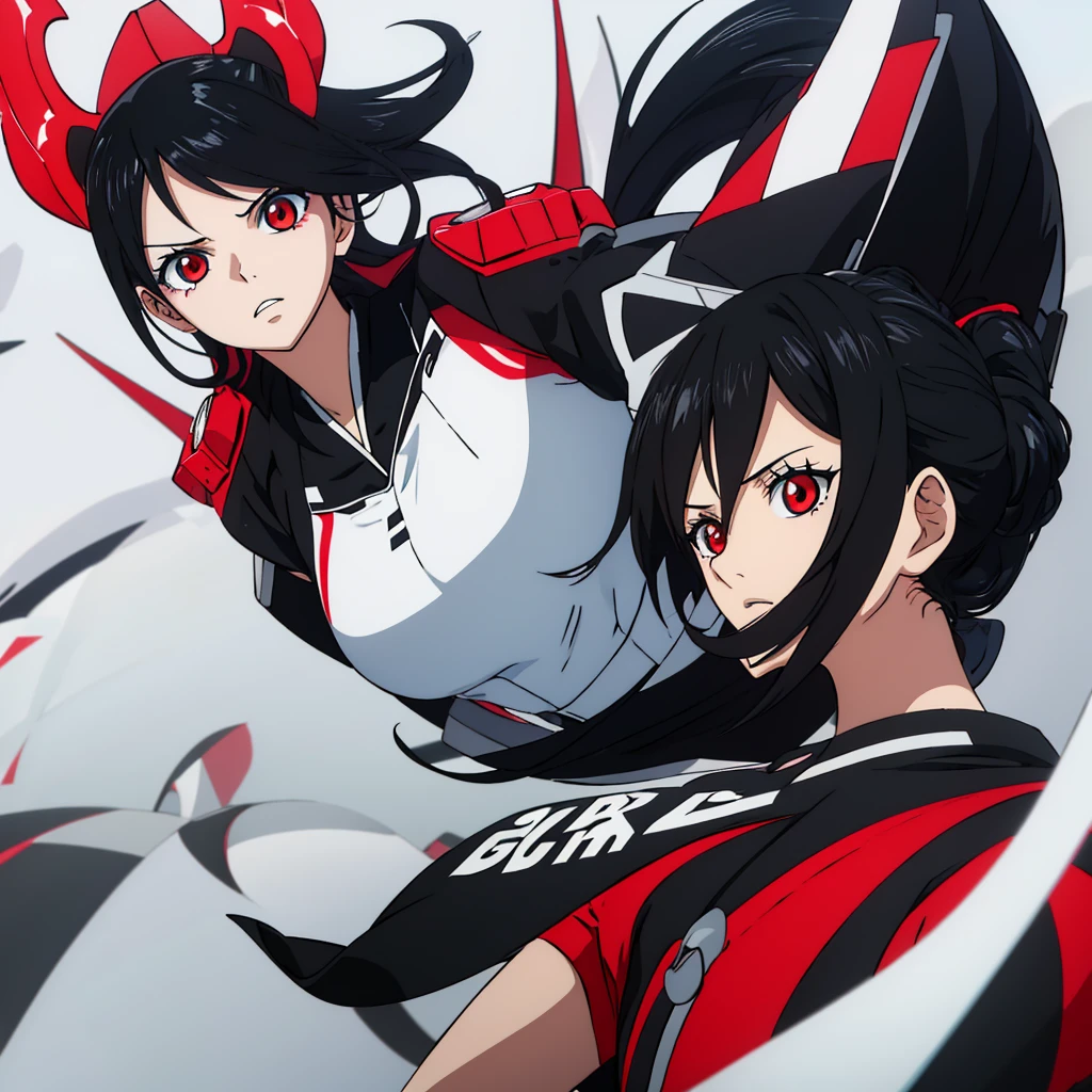 generic anime girl with black hair red eyes and black racing suit, clear background, character fitting in the image