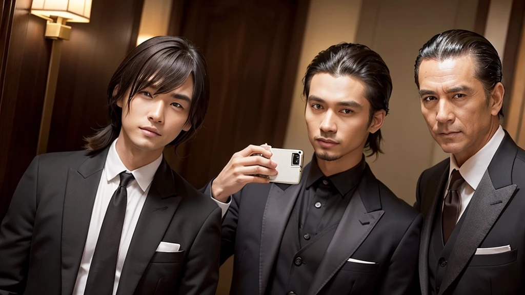 A man with his bangs down and a man with his hair slicked back are taking a photo together, suit, Japanese, Western-style luxury hotel