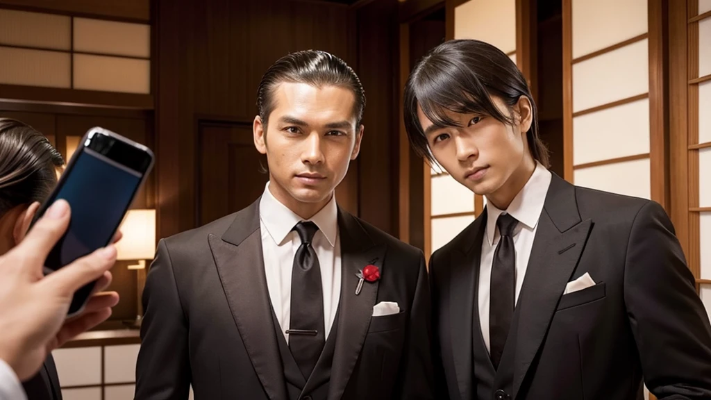 A man with his bangs down and a man with his hair slicked back are taking a photo together, suit, Japanese, Western-style luxury hotel