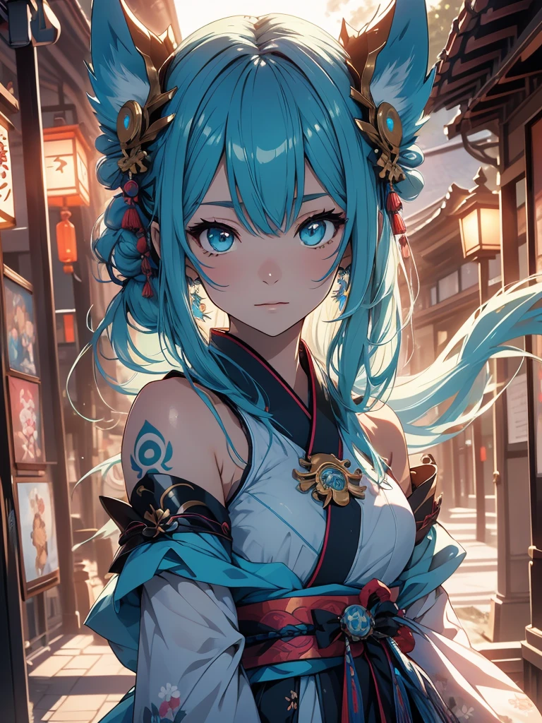 The best quality ((Masterpiece)) high definition Miku Hatsune high definition add_detail:1, blue fur,kitsune ears, tribal tattoo add_detail:1, pretty girl add_detail:1, feudal priestess clothing add_detail:1, japanese shrine landscape add_detail:1, japanese shrine costume add_detail:1, add_detail:1, full body add_detail, highly detailed face, deep aqua iris add_detail:1