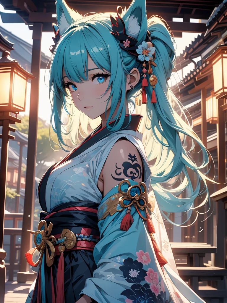  The best quality ((Masterpiece)) high definition Miku Hatsune high definition add_detail:1, blue fur,kitsune ears, tribal tattoo add_detail:1, pretty girl add_detail:1, feudal priestess clothing add_detail:1, japanese shrine landscape add_detail:1, japanese shrine costume add_detail:1, add_detail:1, full body add_detail, highly detailed face, deep aqua iris add_detail:1