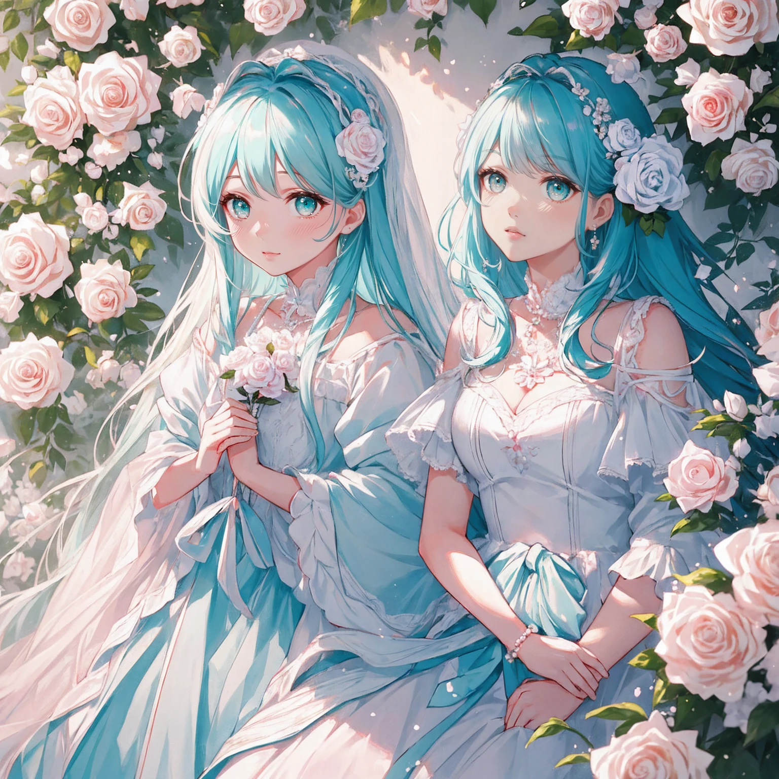 ((tmasterpiece)), high high quality, ultra - detailed, Rose hair + white clothes: 1.2,Middle-aged girls, perfect body figure, surrounded by roses, The colors are bright and bright, pearl white background, Romantic long hair, Natural soft light, warm and sweet, Cyan eyes, flower hair ornaments.