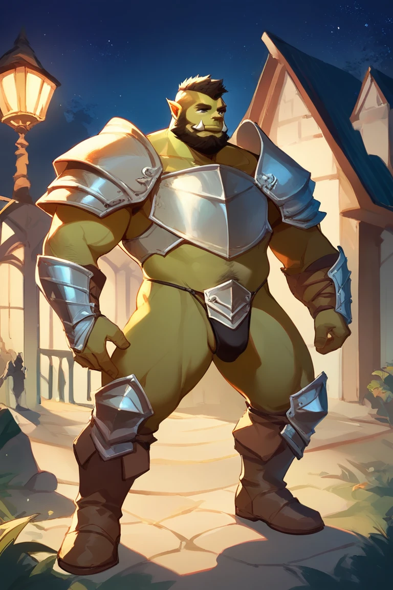 score_9, score_8_up, score_7_up, solo, male focus, bulk male, orc, green skin, tusks, beard, outdoors, micro armor , shoulder armor, breastplate, upper body , pauldrons, night, night sky , (( micro black thong )) , full body , boots , spread legs