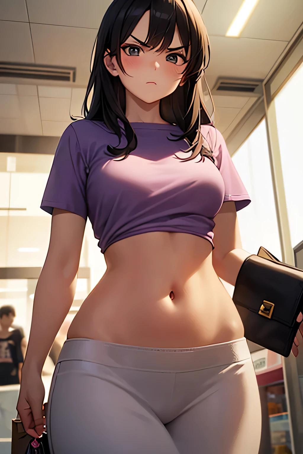 super fine illustration, vibrant colors, masterpiece, sharp focus, best quality, depth of field, cinematic lighting, ultra detailed, short sleeves, cropped t shirt, frilled white skirt, navel, belly button, tummy, wide hips, 1 woman, solo, milf, very messy hair, long hair, slender, blush, annoyed, mature female, tall woman, looking down, v-shaped eyebrows, small breasts, black hair, shopping malll, purse