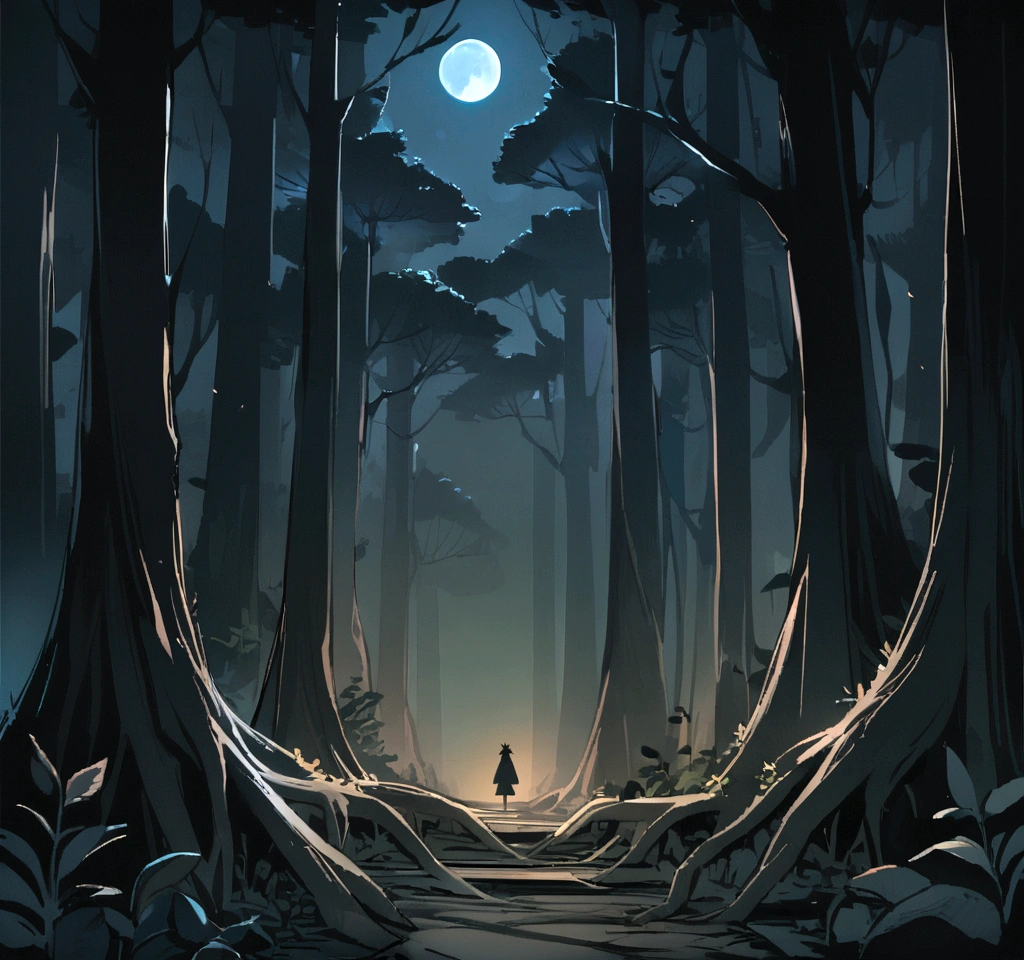 Dark dense forest at night with tall trees and thick roots and no path