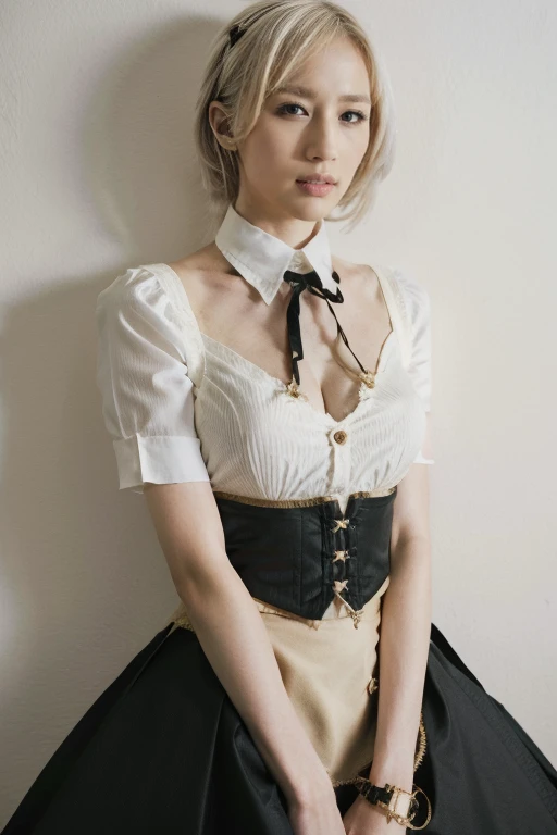 Girls, White hair, short hair, Yellow Eyed, Small Breasts, Cat hair ornaments, Side lock, White hair, Shiny hair, , (Golden Eyes: 1.2), (There are two long triangle extensions on the skirt, Abdominal vest), White buttons for vest corset, (Wear a short-sleeved striped shirt under the vest), (The sleeves end close to the arms), (There is a thick black ribbon around the neck), ( Magenta skirt),( Beautiful long legs),
