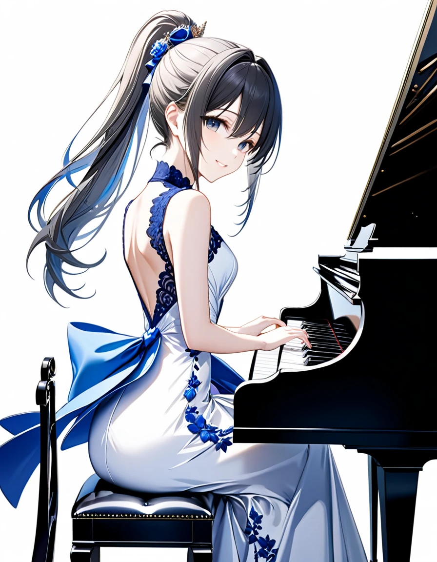 (((White background:1.5)))、(very wide shot)、(masterpiece、Ultra HD、Highest quality、Masterpiece、4K:1.2)、Slender body、Playing the piano,Idol,The elegant pianist、 Intricate details, Highly detailed eyes, Highly detailed fingers、ponytail、White elegant dress, Intricate details、Sitting in a chair、Staring at your fingertips、smile