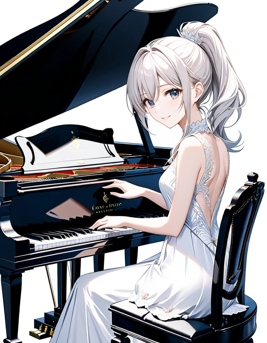 (((White background:1.5)))、(very wide shot)、(masterpiece、Ultra HD、Highest quality、Masterpiece、4K:1.2)、Slender body、Playing the piano,Idol,The elegant pianist、 Intricate details, Highly detailed eyes, Highly detailed fingers、ponytail、White elegant dress, Intricate details、Sitting in a chair、Staring at your fingertips、smile