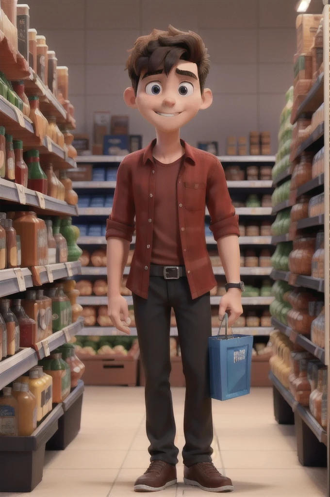 open-prime, best qualityer, a young man in a red shirt and black pants, choosing products in the supermarket