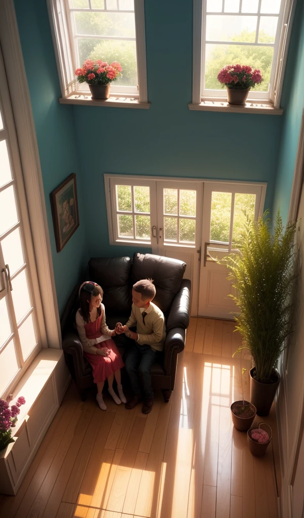 (anime, digital paint, happy ending, children with their father in a bright and colorful home setting, vibrant flowers blooming in the garden, sunlight streaming in through the windows, peaceful and joyful atmosphere, sense of newfound happiness)
