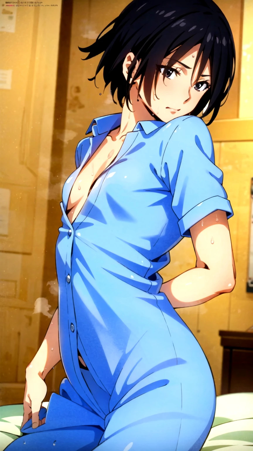 Masterpiece, best quality, very detailed, Ultra high resolution, (photorealistic:1.4), raw photos, (realistic:0.2), 1 girl, alone, short hair,,8k hdr, 1 girl,black hair, shy ,sweat,steam,wet,wet, medium-large breast, bright eyes, , medium-small breasts,,(pajamas) ,,Have sex from behind ,, bedroom
