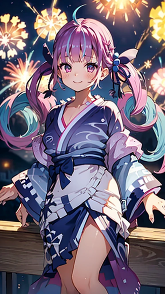 (masterpiece, Highest quality, Super detailed),Ultra-high resolution、One girl, (Festivals、stall、firework、Colorful lights),crowd, night, lanthanum, food,lanthanum, lamp post, night sky,(Pink Twintails、Blue ribbon:1.1),((super fine illustration)),((cute eyes,highly detailed skin)),((smile)),(well endowed,Blessed,Captivating body、Super detailedな肌、Beautiful Eyes、Detailed Background)、(yukata:1.5),firework,(大量のfirework,night景,Ocean)