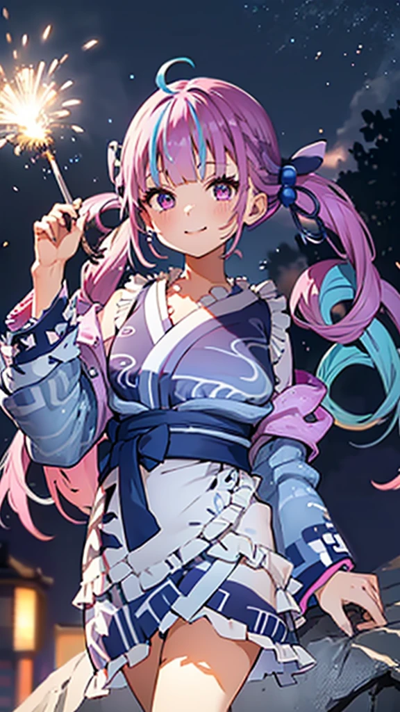 (masterpiece, Highest quality, Super detailed),Ultra-high resolution、One girl, (Festivals、stall、firework、Colorful lights),crowd, night, lanthanum, food,lanthanum, lamp post, night sky,(Pink Twintails、Blue ribbon:1.1),((super fine illustration)),((cute eyes,highly detailed skin)),((smile)),(well endowed,Blessed,Captivating body、Super detailedな肌、Beautiful Eyes、Detailed Background)、(yukata:1.5),firework,(大量のfirework,night景,Ocean)